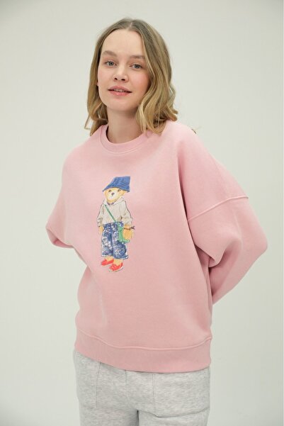 The Champ Clothing Γυναικείο Teddy Bear με στάμπα ροζ 3 νήματα με ριχτάρι φούτερ με λαιμόκοψη, βαμβακερή επένδυση