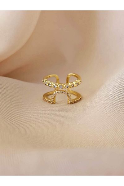 Eva Takı Store Oval Two Row Stone Model Adjustable Gold Gold Color Ring