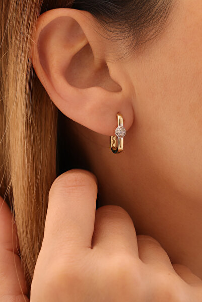 GENORO JEWEL 14 Ayar Altın Taşlı Dikdörtgen Halka Kadın Küpesi