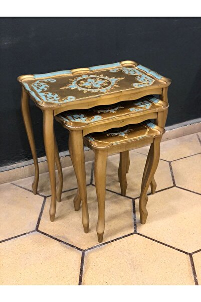 Dora Art Italyan Gül Ağacı El Yapımı Altın Varak Kaplama Zigon Sehpa Takımı