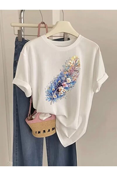 FUFLUNS تي شيرت برقبة دائرية كبيرة الحجم مطبوع عليه ريش بتصميم زهري