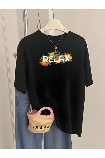FUFLUNS تي شيرت برقبة دائرية كبيرة الحجم مطبوع عليه FLOWERS RELAX