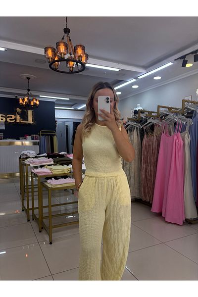 LİSAA BUTİK Crop Pants Bottom Top Set Yellow