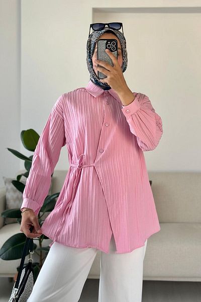 HİFADEN Women's Cross Tie Long Sleeve Buttoned Hijab Shirt