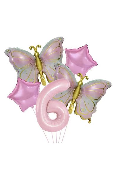 parti sürprizi Gold Butterfly Pink 6 Year Old Number Balloon Set