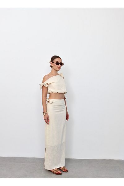 Zey Studio Women's Ecru Bow Detailed Crop Skirt Linen Suit
