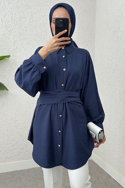 Salih Çelebi Tunic with Integrated Belt 2217 - Dark Blue