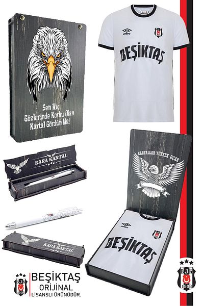 Beşiktaş طقم قميص أبيض نوستالجيا مرخص أصلي + مجموعة أقلام تنتهي بعلبة خشبية للهدايا