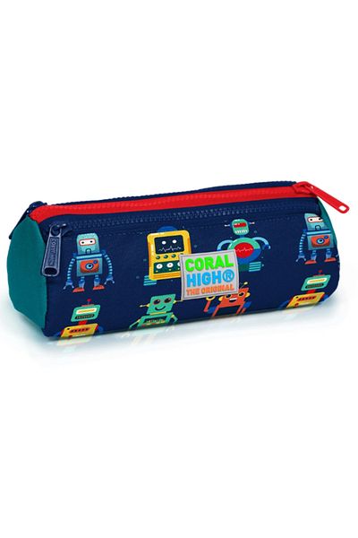 Coral High Kids Navy Blue Civit Robot Patterned Three Compartment Pencil Bag 22324