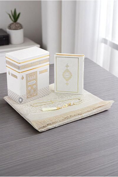 ihvanonline Kabe Patterned Special Boxed Thermo Leather Bag Size Quran Prayer Rug Mevlüt Set White