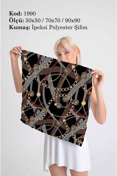 DESENİX وشاح بسلسلة ونمط هندسي |   50x50 - 70x70 - 90x90 سم |   شيفون بوليستر حريري