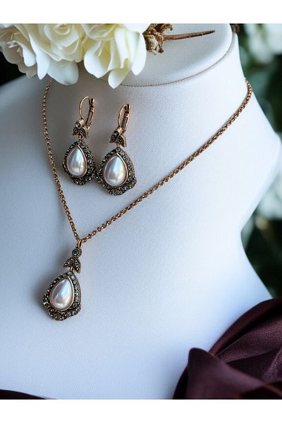 FAYRA ACCESSORIES Antique Bronze Water Drop Necklace and Earrings Set with Crystal Stone