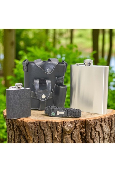 Kuzey Tacı Outdoor Flask Set - 4-Piece Camping Set Leather Case Leather Coated Mini Flask Bracelet Large Flask
