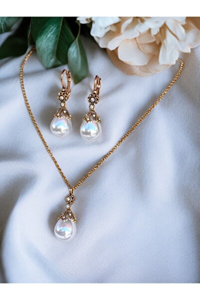 FAYRA ACCESSORIES Kristal Taşlı İnci Kolye ve İnci Küpe Seti