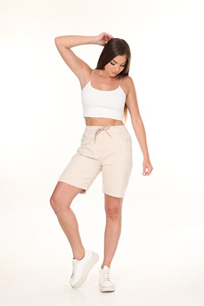 EYLÜLXXL KADIN YÜKSEK BEL BELİ LASTİKLİ ŞORT GABARDİN KUMAŞ LİKRASIZ