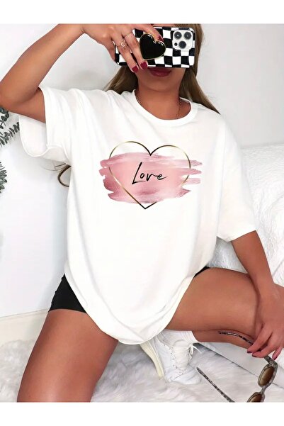 FUFLUNS Love Heart Printed Oversize Circle Neck T-Shirt
