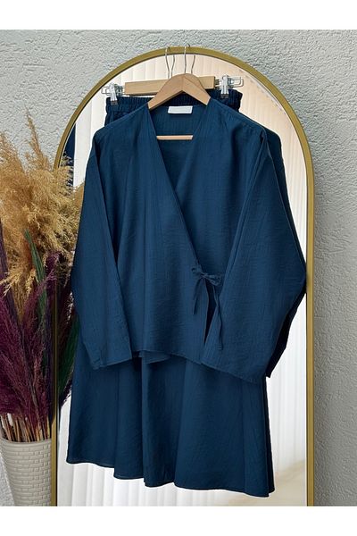MİHRA STORE Serona Top with Kimono Skirt Strawberry Suit-Ek556-As079 Petrol Blue