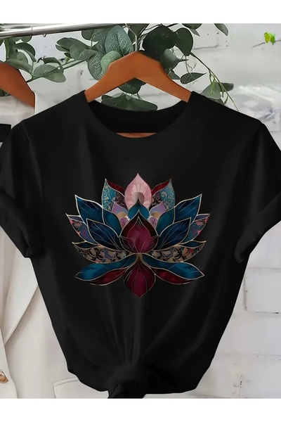 FUFLUNS تي شيرت برقبة دائرية كبيرة الحجم مطبوع عليه زهرة اللوتس