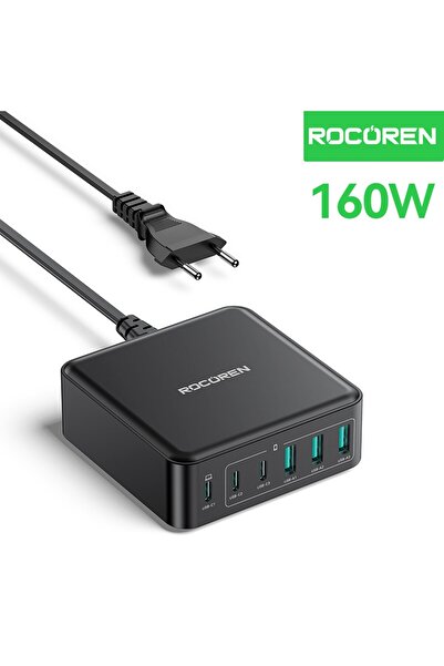 Rocoren 160W 3*Type-C ve 3*USB-A 6 Portlu Şarj Cihazı Laptop Uyumlu GaN Masaüstü Şarj İstasyonu