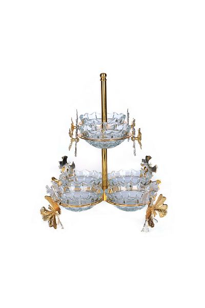 Vadi 2 Tier Metal Snack Bowl with 8 Glass Bowls Gold Color Luxury Presentation Bowl Sugar Bowl Jam Bowl Breakfast Bowl