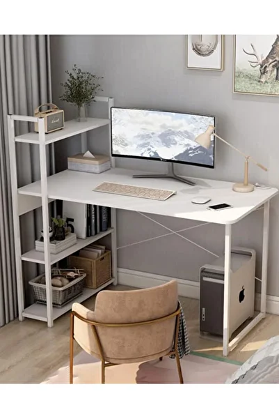 AGD Computer Desk with Storage Shelves Home Office Desk with Bookshelf Study Writing Table Corner De