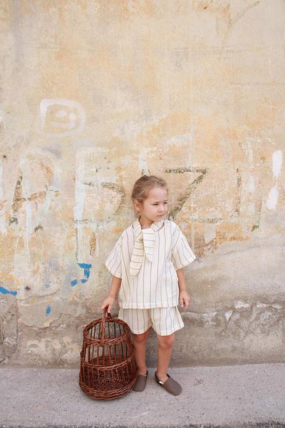 Oh La La Koala For Little Ones Khaki Striped Collar Tie-Up Bottom Top Set