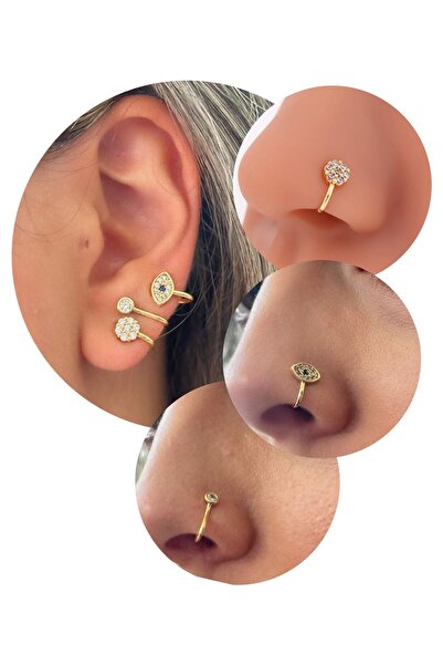 TAKIŞTIR Altın Taş Detaylı Figürlü Deliksiz Kulak/ Burun 3'lü Piercing Set