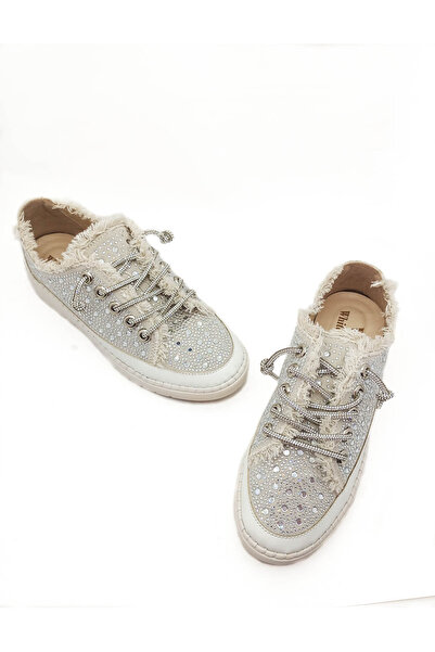 GDT Ayakkabı Beige Color Stone Betaylı Lace up Flat Sole Women's Denim Sneakers