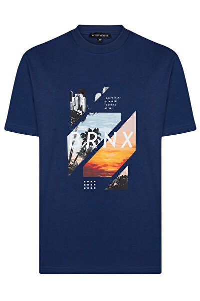 Basics&More Tricou din bumbac Indigo cu imprimeu pentru bărbați - BRNX