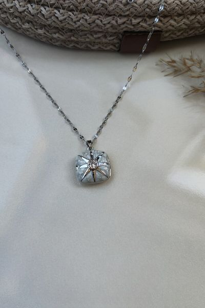 Lynare Polar Star Model White Enamel Openable Square Cover Picture Zircon Stone Steel Necklace