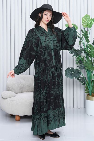 EL jadida Women's Patterned Plus Size Viscose Hijab Dress Khaki
