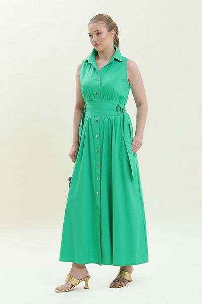 VERDA Shirt Collar Front Snap Zero Sleeve Cotton Long Dress