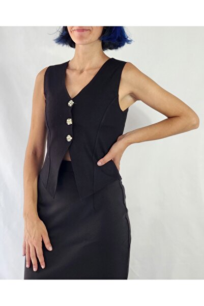 YAXİ Body Sitting V-Necklace Unlined Black Woven Vest