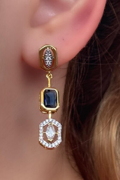 TAKIŞTIR أقراط YSX مرصعة بالأحجار الكريمة باللون الذهبي (زوج)