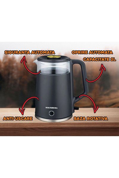 Hausberg Kettle HB-3619NG, 1800W, 2L capacity, Anti-dry, Automatic shut-off, Stainless steel material