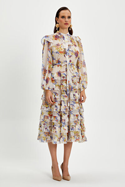 SERPİL Kat Kat Fırfırlı Çiçek Desenli Uzun Kollu Elbise