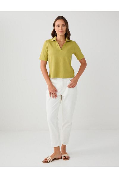 Jimmy Key Green 100% Cotton Short Sleeve Shirt Collar Knitted Blouse