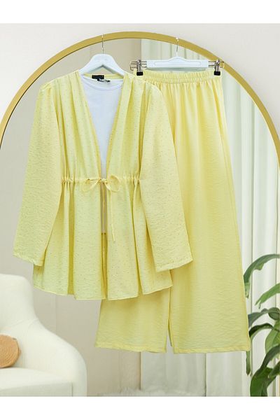 Modamorfo Set kimono cu șireturi tunel cu pantaloni largi cu pietre - galben