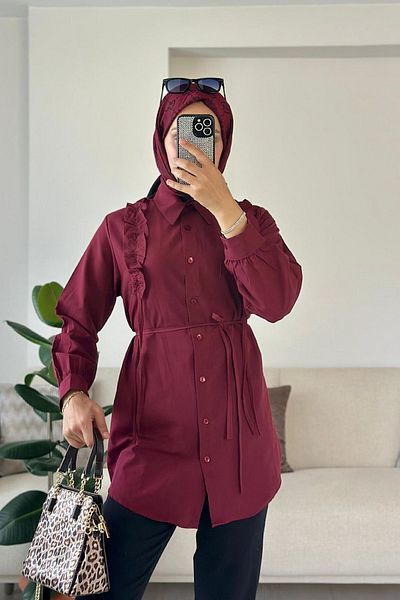 HİFADEN Women's Shoulder Ruffled Mobile Belted Hijab Shirt
