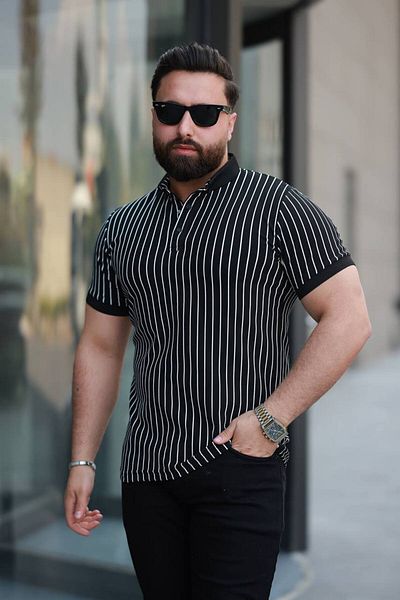 STOCX Slim Fit Polo Collar Vertical Striped Men's T-Shirt – Polyester Fabric