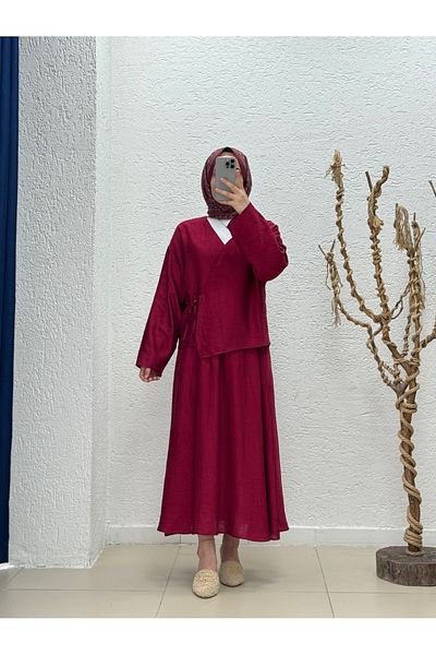 MİHRA STORE Set cu fustă kimono Serona cu căpșuni - EK556-AS079 Burgundy