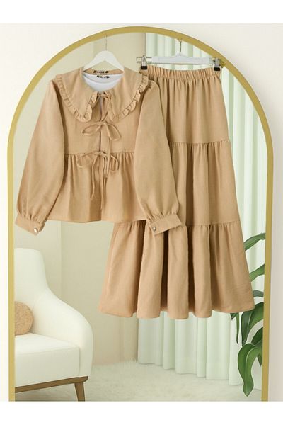 Modamorfo Lace-Up Suit with Layered Skirt - Beige