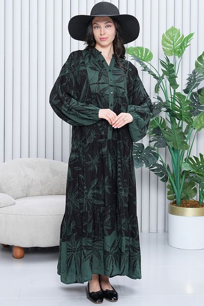 EL jadida Women's Patterned Plus Size Viscose Hijab Dress Khaki