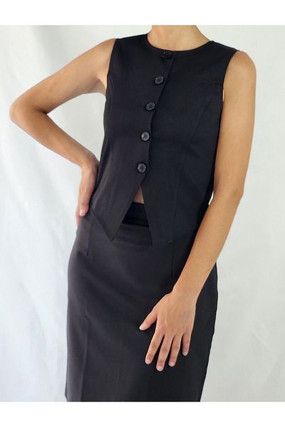 YAXİ Body-Fitting Black Woven Vest Without Lining