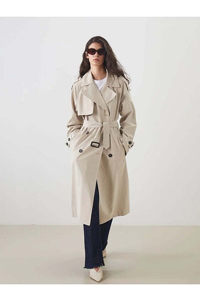 LC Waikiki Trench LCW Modest Bej Kruvaze Yaka Oversize pentru femei