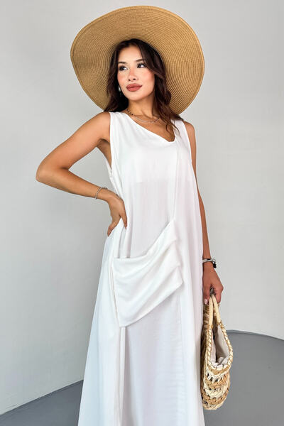 Cappmoda Elb-3078 White Asymmetrical Neckline Side Slit Long Summer Dress with Pockets