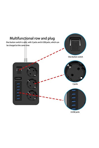 divendi-ro Extension cord with 6 USB ports and 3 universal sockets, 3000W, 3.1A, 1.8m