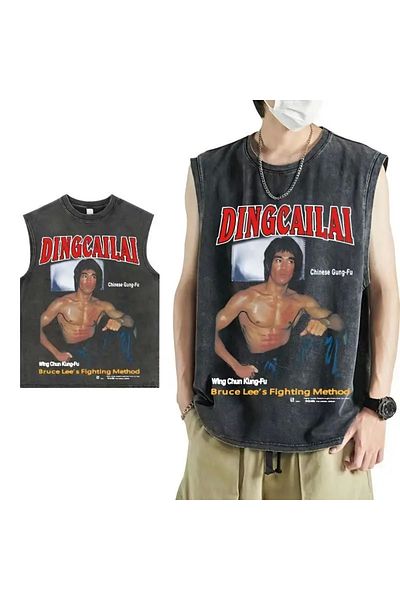 1blood Унисекс потник с кръгло деколте Bruce Lee, измити винтидж, голям размер