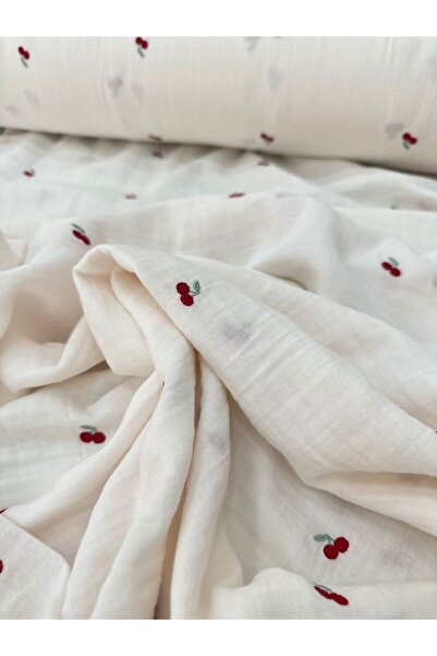 SOLUTE KİRAZ nakışlı çift katlı müslin kumaş