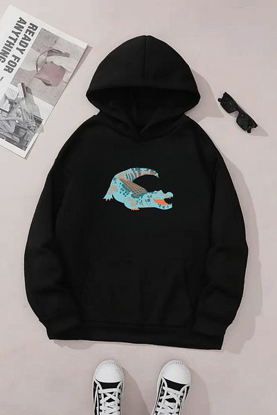 CLAYES Unisex Black Hooded Sweatshirt – Crocodile Printed, Thick Fabric with Hood